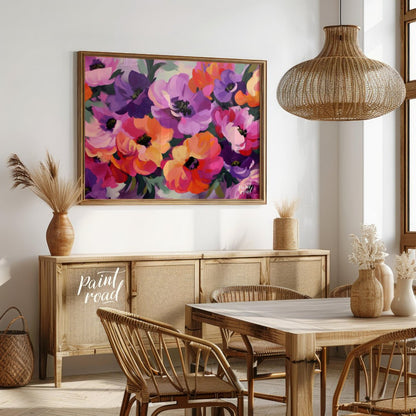 "Floral Rhapsody" presents a vibrant bouquet of flowers rendered in a lush, painterly style. The ar… for dining room