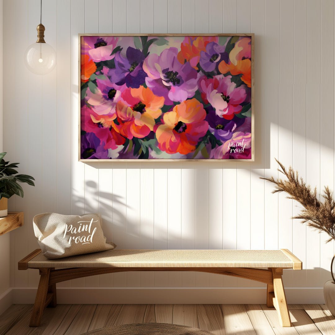 "Floral Rhapsody" presents a vibrant bouquet of flowers rendered in a lush, painterly style. The ar… for entryway