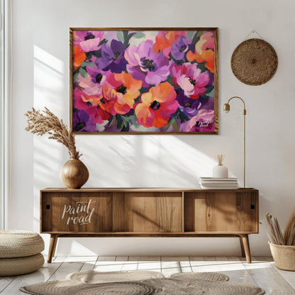 "Floral Rhapsody" presents a vibrant bouquet of flowers rendered in a lush, painterly style. The ar… for living room