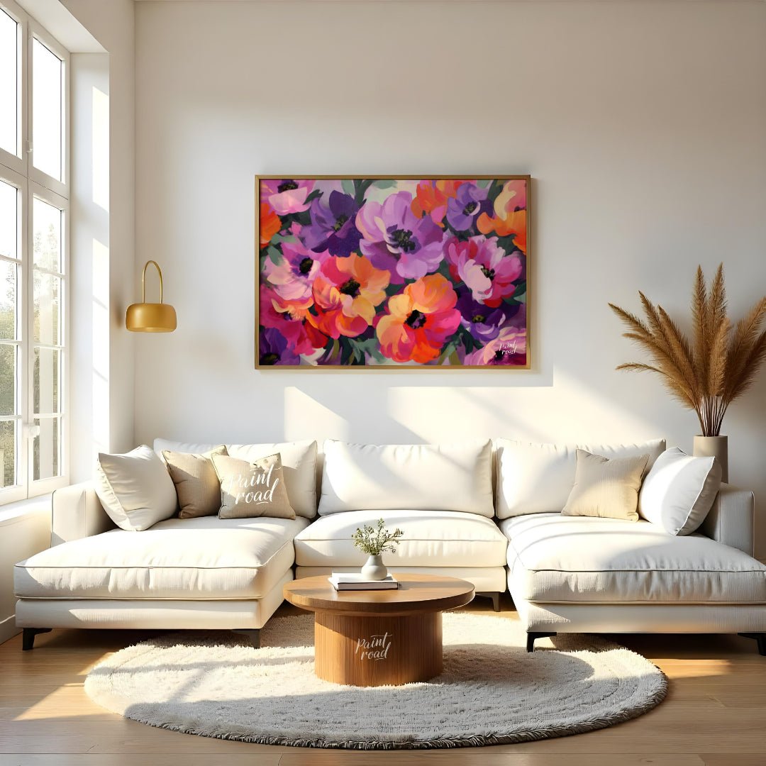 "Floral Rhapsody" presents a vibrant bouquet of flowers rendered in a lush, painterly style. The ar… for living room