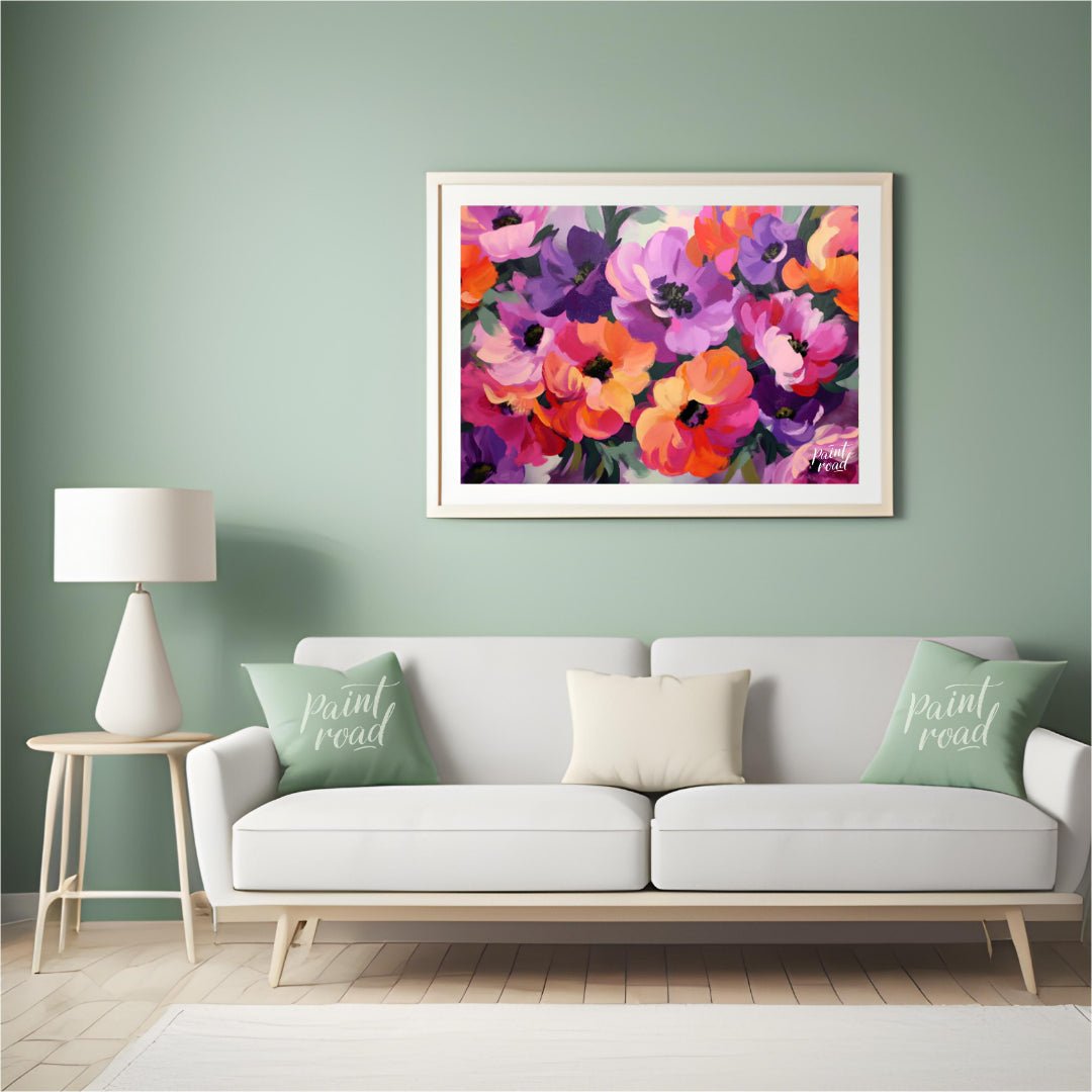 "Floral Rhapsody" presents a vibrant bouquet of flowers rendered in a lush, painterly style. The ar… for living room
