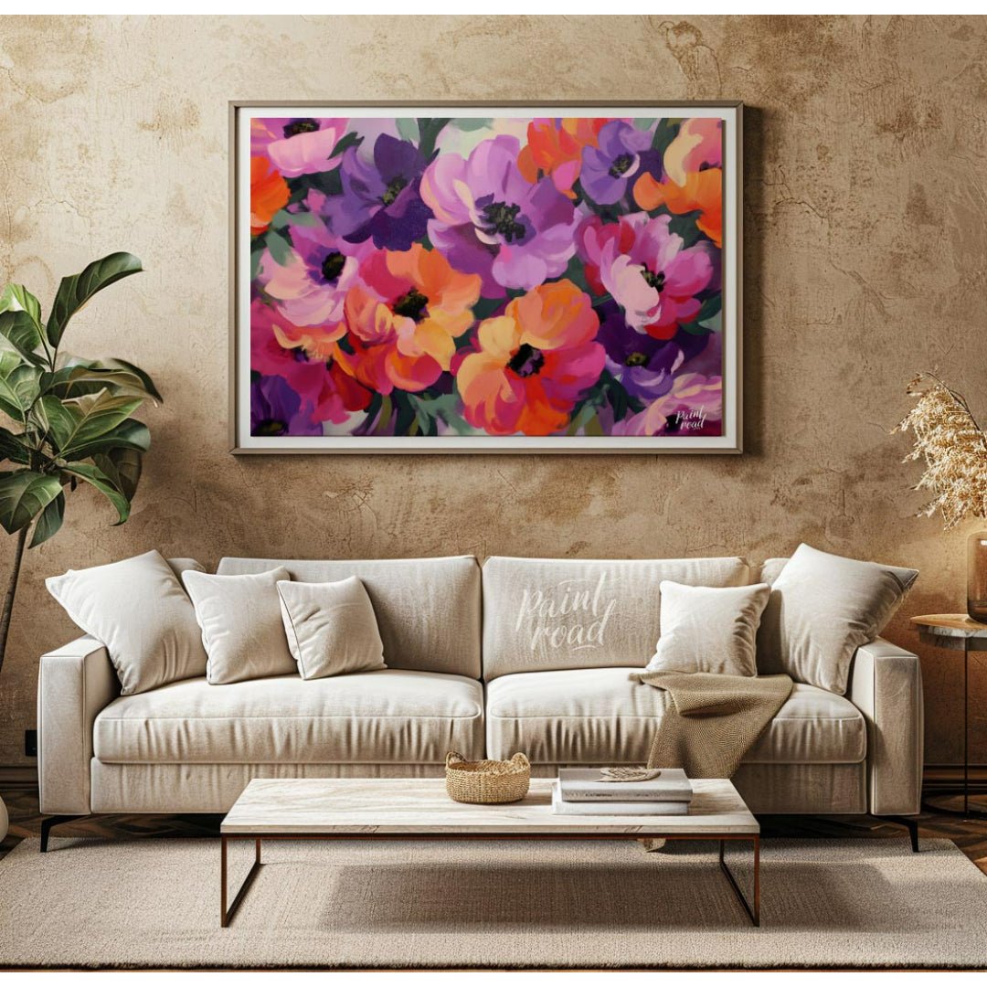 "Floral Rhapsody" presents a vibrant bouquet of flowers rendered in a lush, painterly style. The ar… for living room