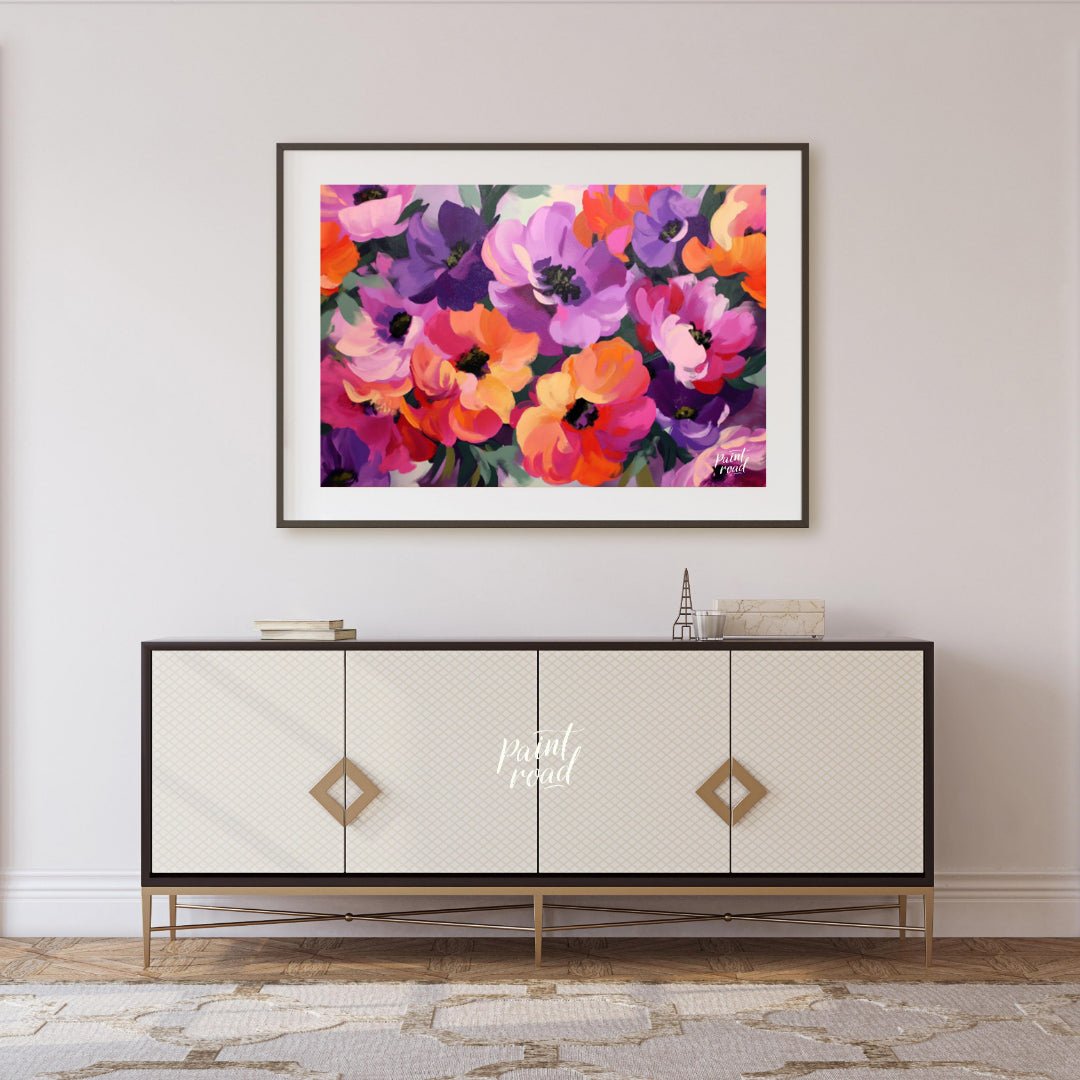 "Floral Rhapsody" presents a vibrant bouquet of flowers rendered in a lush, painterly style. The ar… for living room