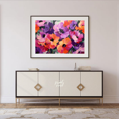 "Floral Rhapsody" presents a vibrant bouquet of flowers rendered in a lush, painterly style. The ar… for living room