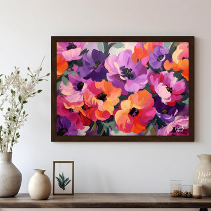 "Floral Rhapsody" presents a vibrant bouquet of flowers rendered in a lush, painterly style. The ar… for living room