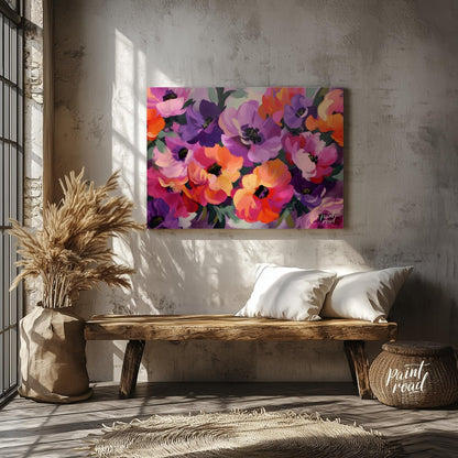 "Floral Rhapsody" presents a vibrant bouquet of flowers rendered in a lush, painterly style. The ar… for living room