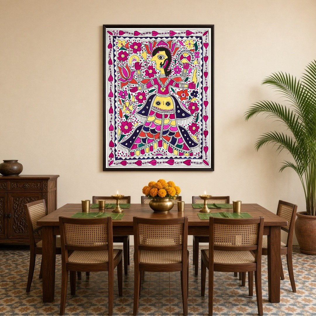 Experience the vibrant allure of Madhubani art with this striking depiction of Goddess Lakshmi and for Dining
