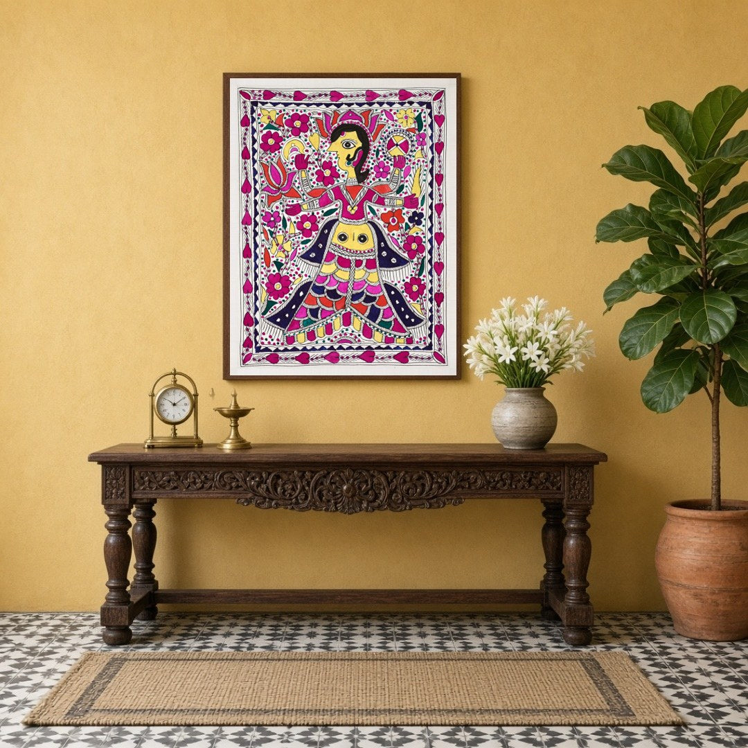 Experience the vibrant allure of Madhubani art with this striking depiction of Goddess Lakshmi and for Entrance