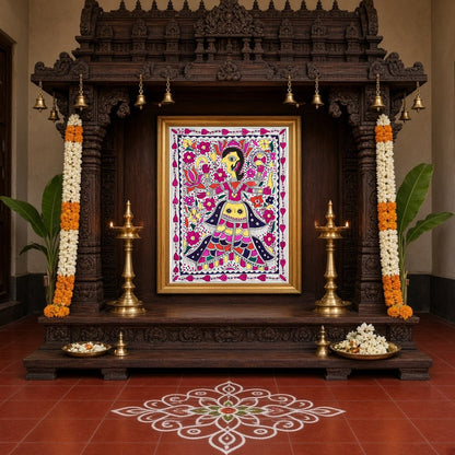 Experience the vibrant allure of Madhubani art with this striking depiction of Goddess Lakshmi and for Home Temple