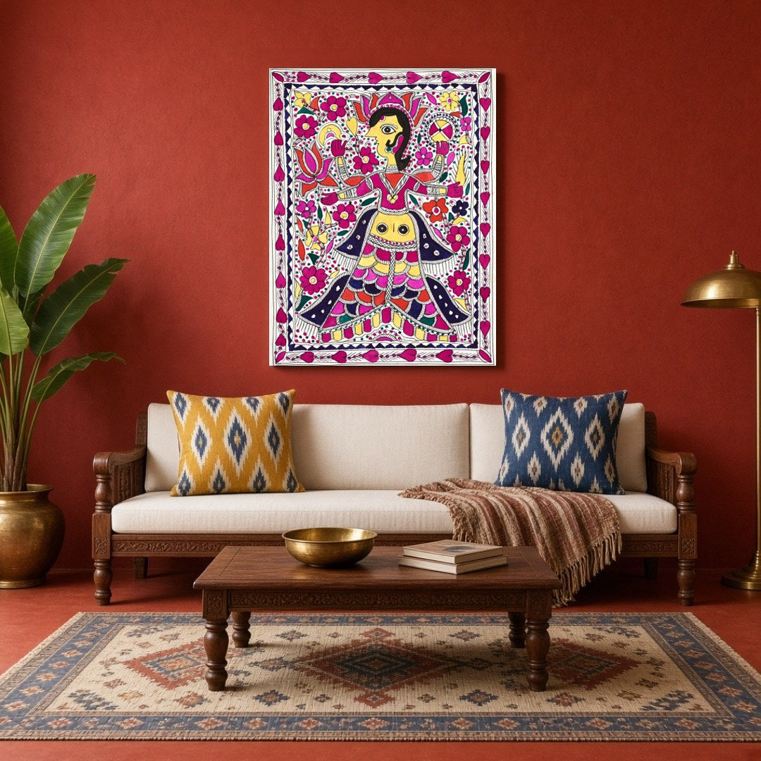 Experience the vibrant allure of Madhubani art with this striking depiction of Goddess Lakshmi and for Living Room
