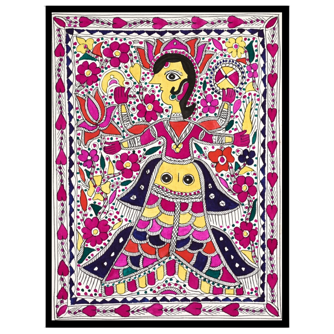 Experience the vibrant allure of Madhubani art with this striking depiction of Goddess Lakshmi and for loft