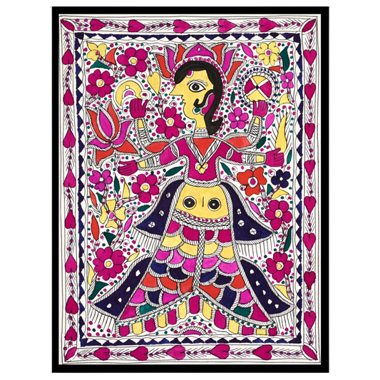 Experience the vibrant allure of Madhubani art with this striking depiction of Goddess Lakshmi and for loft