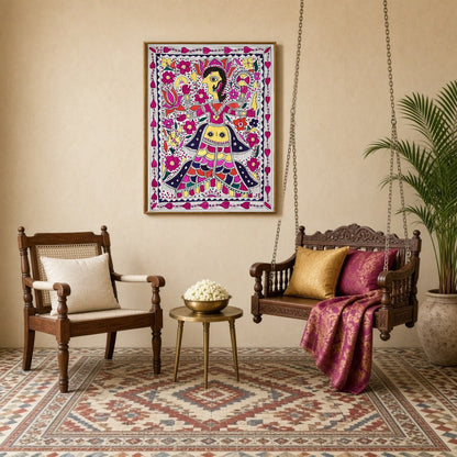 Experience the vibrant allure of Madhubani art with this striking depiction of Goddess Lakshmi and for Sitting Lounge