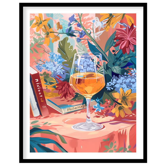 A vibrant and colorful still life painting featuring a glass of wine nestled amidst a vibrant bouqu… for sweet home