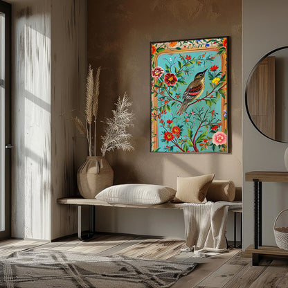 Celebrate nature's beauty with this vibrant wall art featuring a bird perched amidst a bouquet of for area