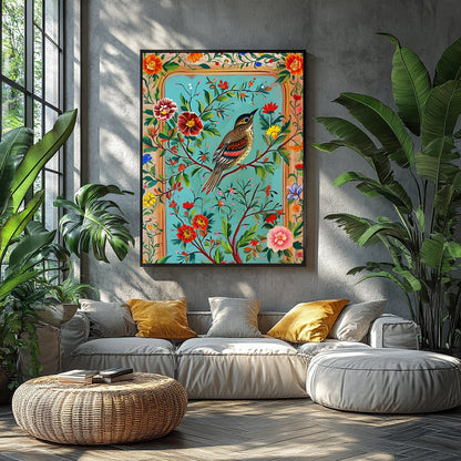 Celebrate nature's beauty with this vibrant wall art featuring a bird perched amidst a bouquet of for Balcony