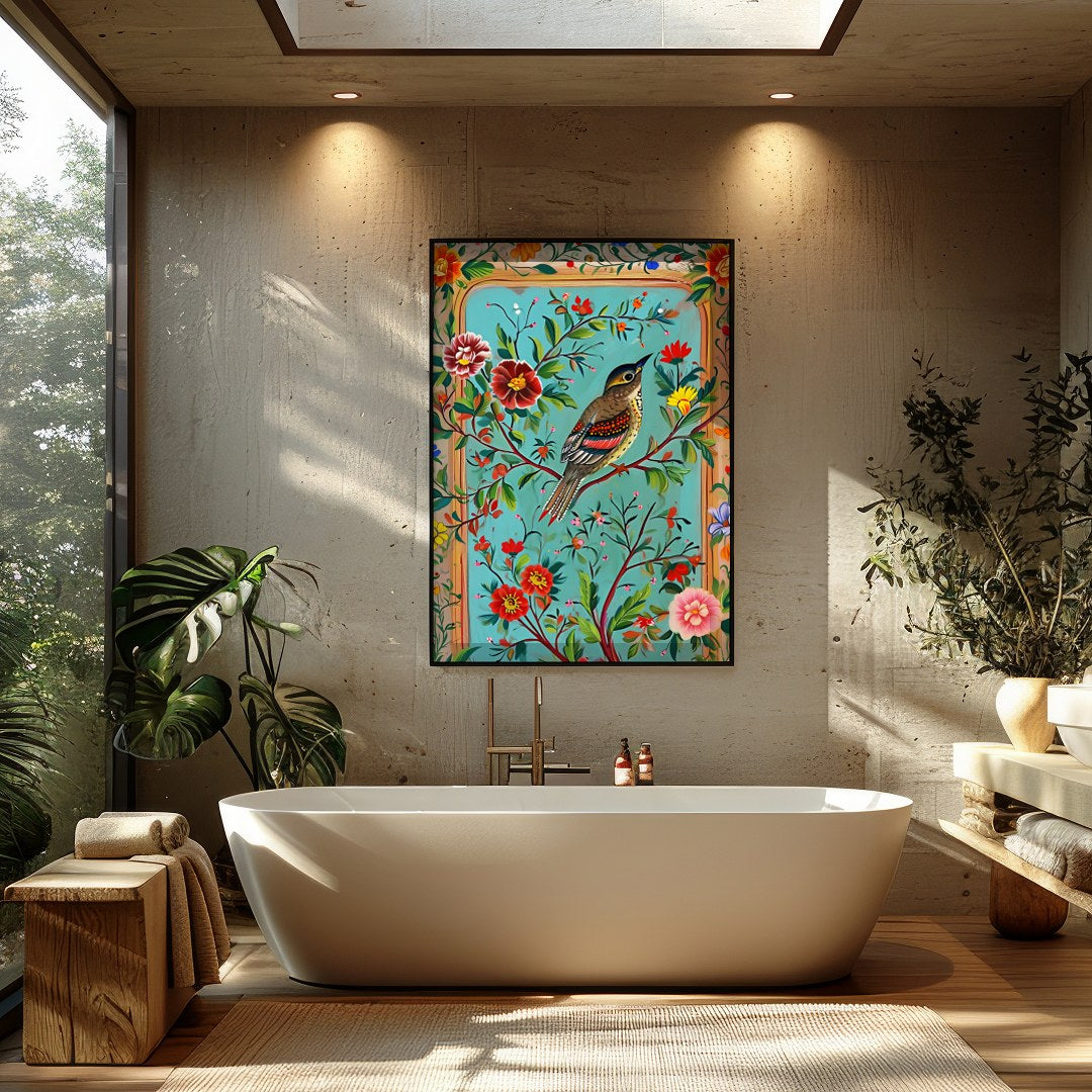 Celebrate nature's beauty with this vibrant wall art featuring a bird perched amidst a bouquet of for Bathroom
