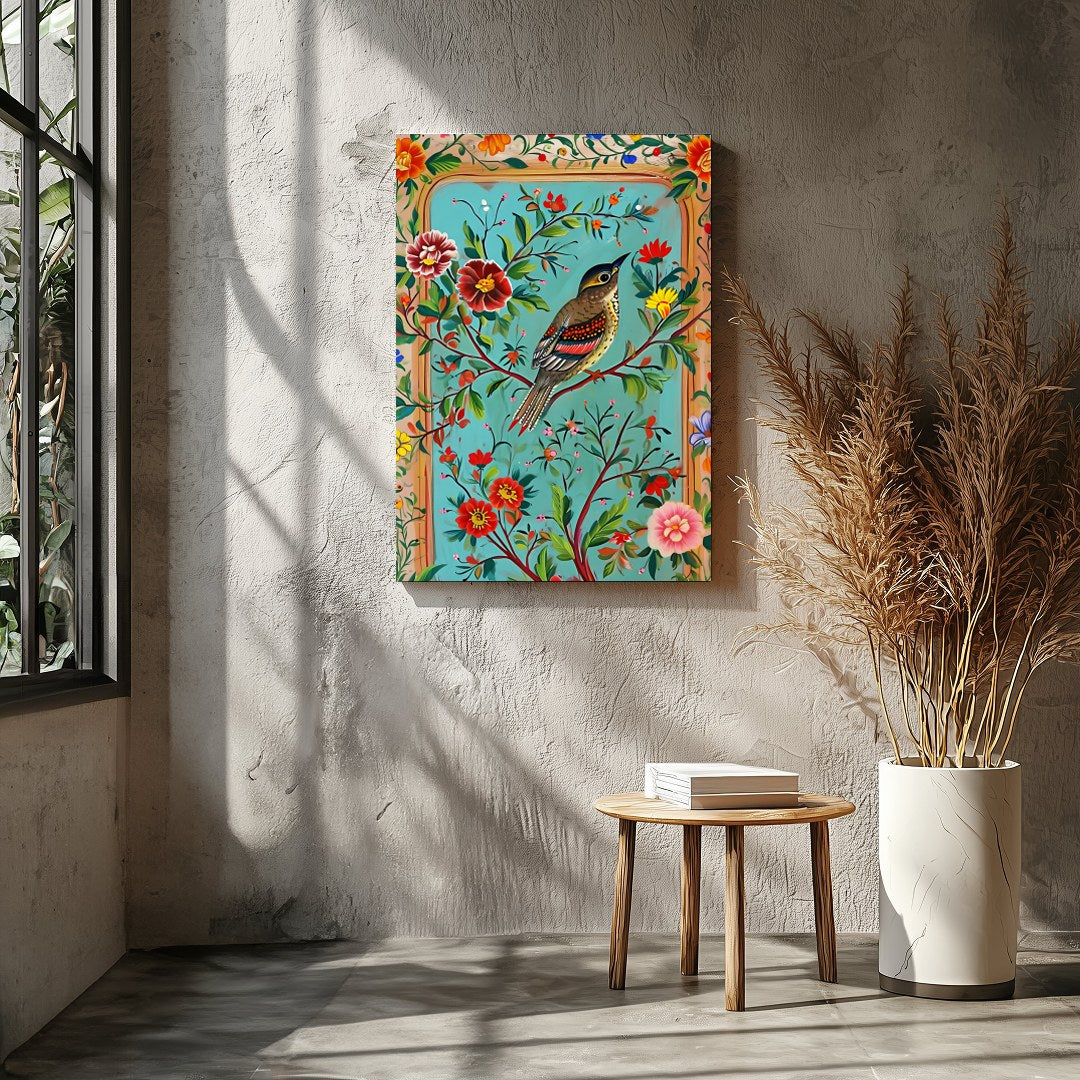 Celebrate nature's beauty with this vibrant wall art featuring a bird perched amidst a bouquet of for Entrance