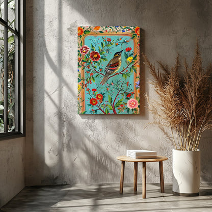 Celebrate nature's beauty with this vibrant wall art featuring a bird perched amidst a bouquet of for Entrance