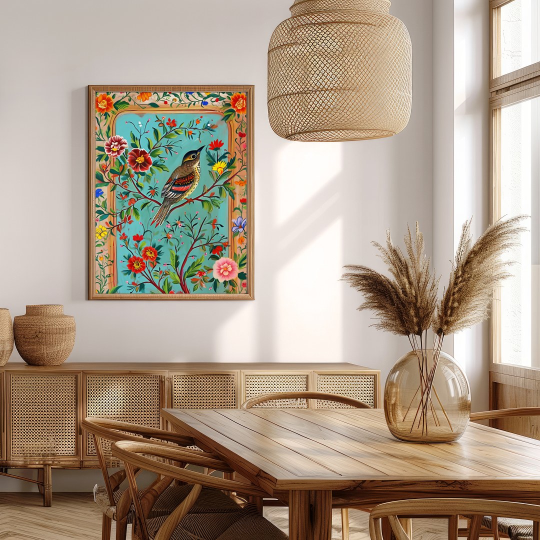 Celebrate nature's beauty with this vibrant wall art featuring a bird perched amidst a bouquet of for Extra Kitchen