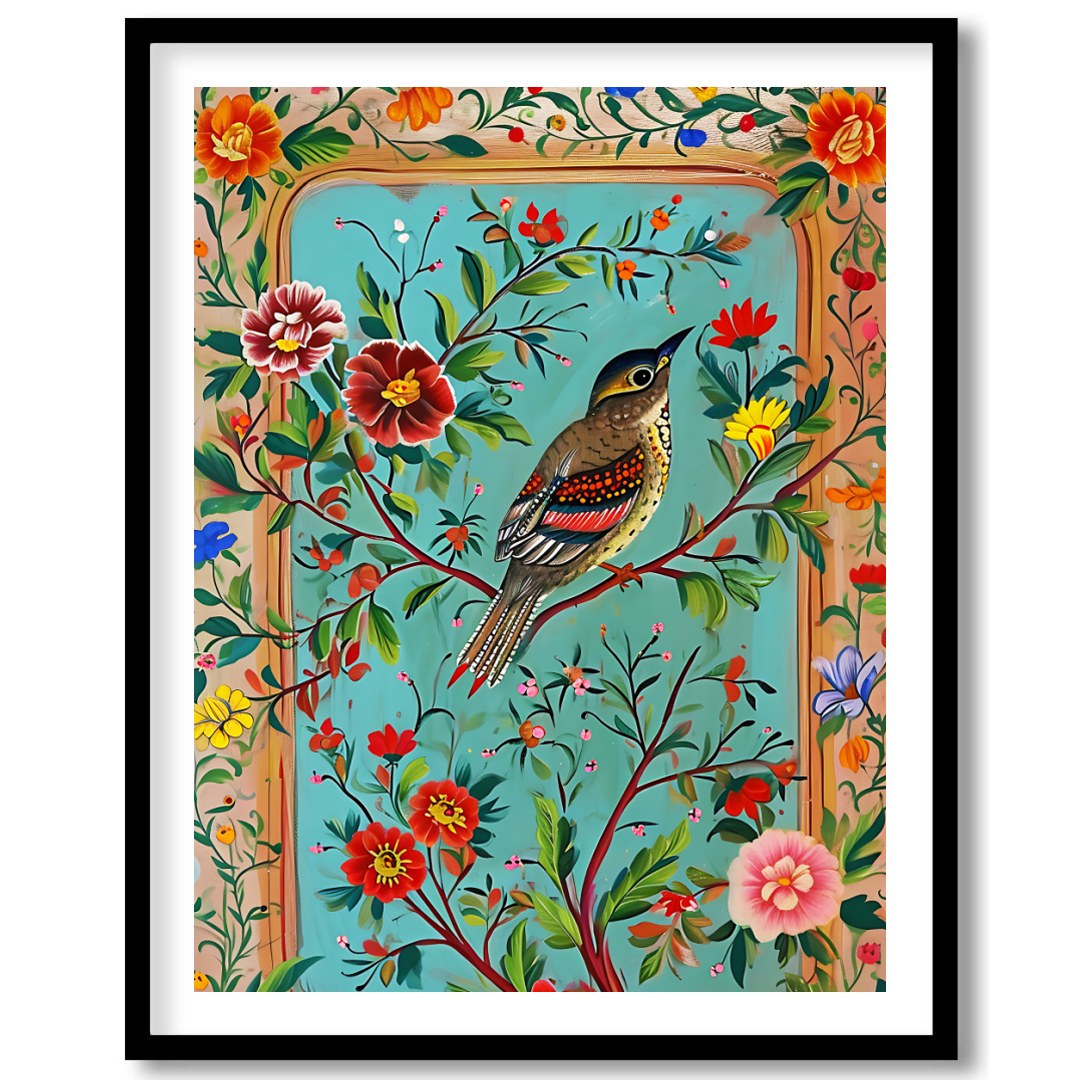 Celebrate nature's beauty with this vibrant wall art featuring a bird perched amidst a bouquet of for residence