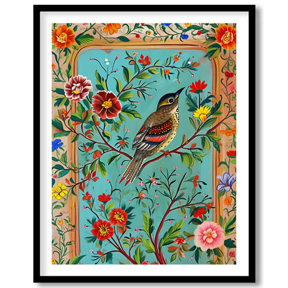 Celebrate nature's beauty with this vibrant wall art featuring a bird perched amidst a bouquet of for residence