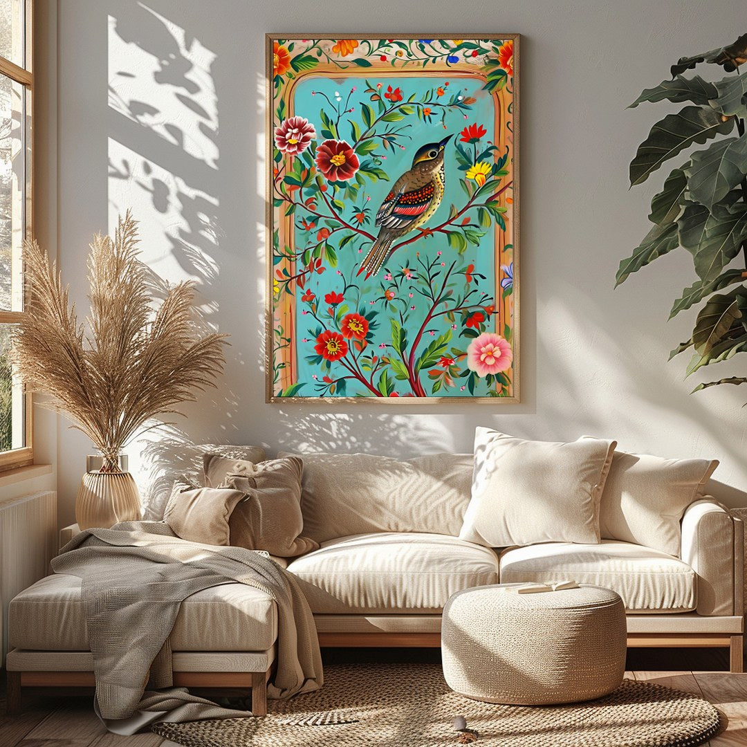 Celebrate nature's beauty with this vibrant wall art featuring a bird perched amidst a bouquet of for Sitting Area