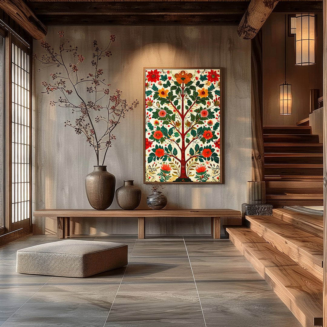 This exquisite artwork features an intricate symphony of vibrant flowers and lush foliage, for Hall