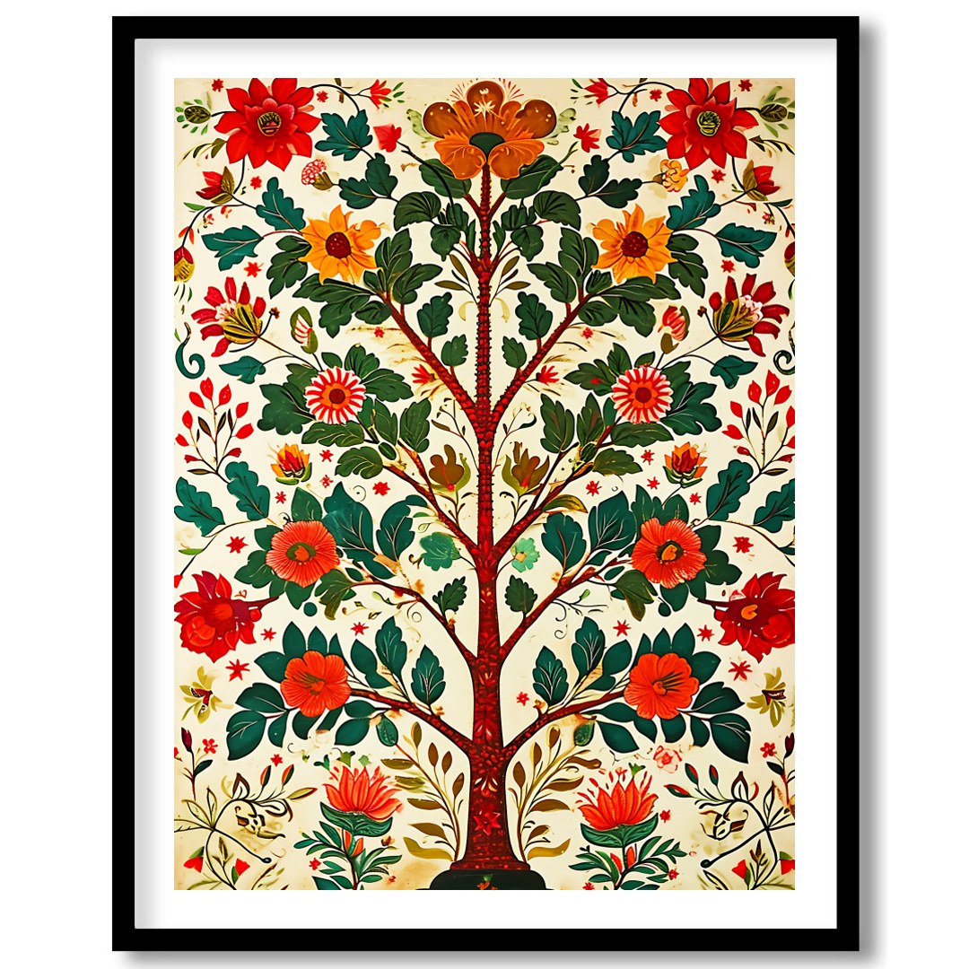 This exquisite artwork features an intricate symphony of vibrant flowers and lush foliage, for nook