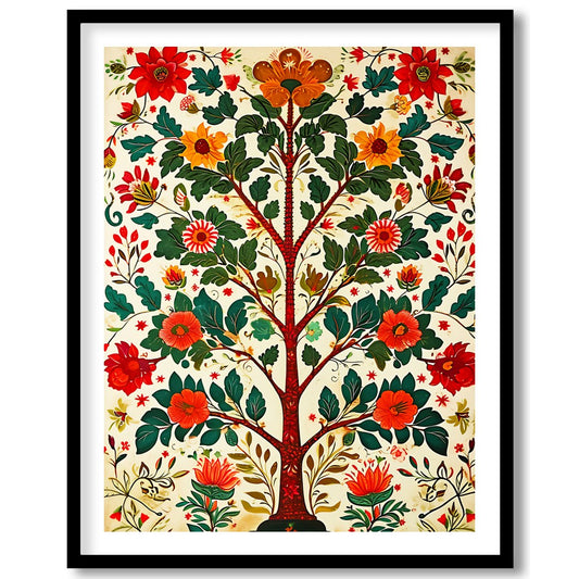 This exquisite artwork features an intricate symphony of vibrant flowers and lush foliage, for nook