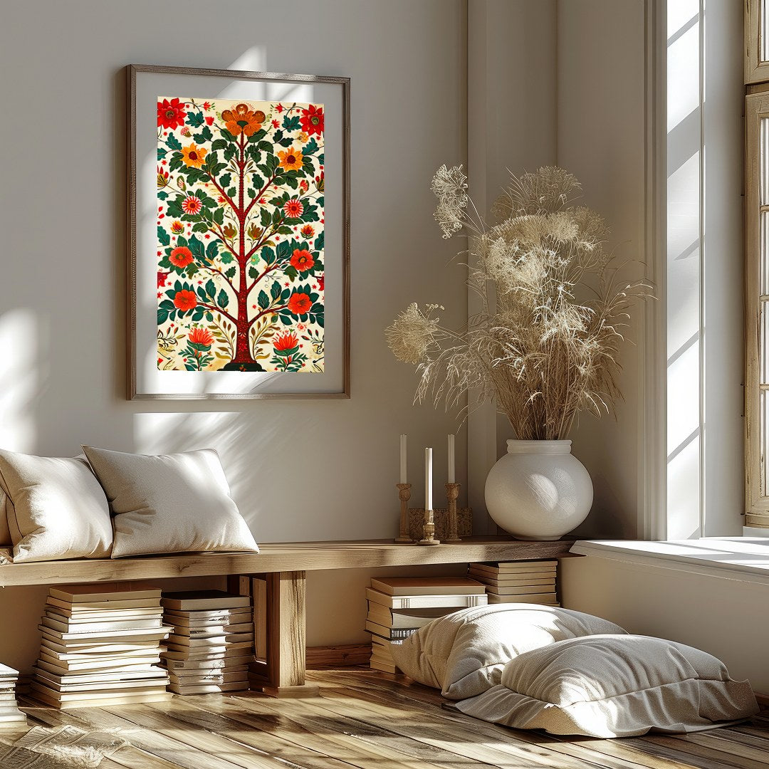 This exquisite artwork features an intricate symphony of vibrant flowers and lush foliage, for residence