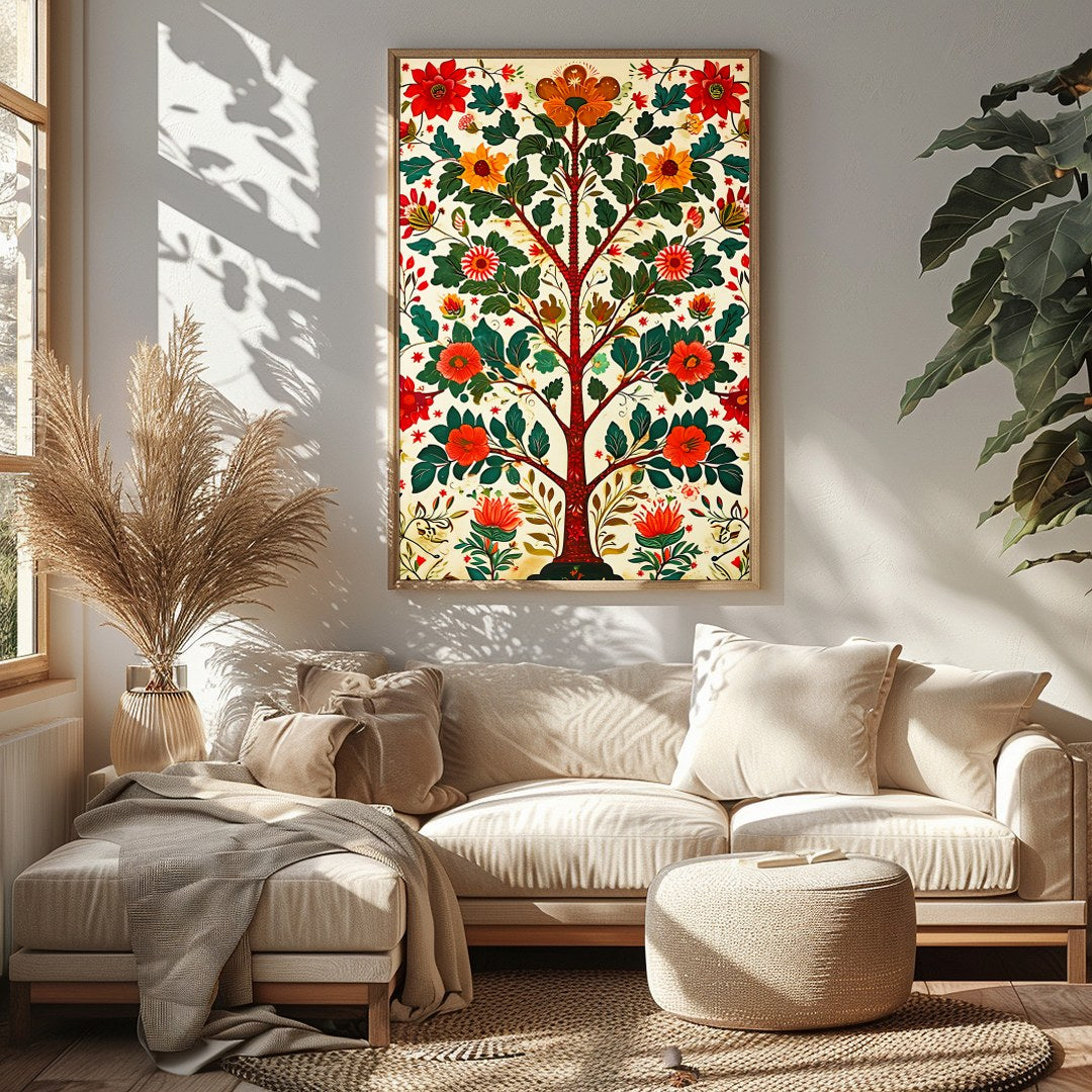 This exquisite artwork features an intricate symphony of vibrant flowers and lush foliage, for Sitting Area