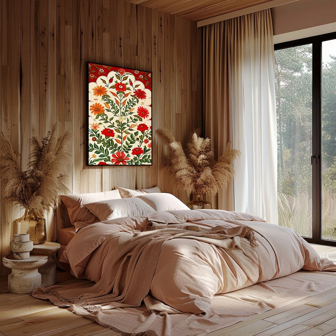 This exquisite artwork features a lush array of vibrant flowers cascading against a warm crimson for Bedroom