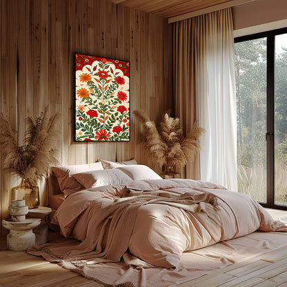 This exquisite artwork features a lush array of vibrant flowers cascading against a warm crimson for Bedroom