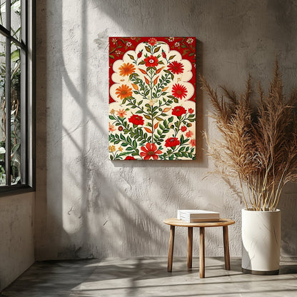 This exquisite artwork features a lush array of vibrant flowers cascading against a warm crimson for Entrance