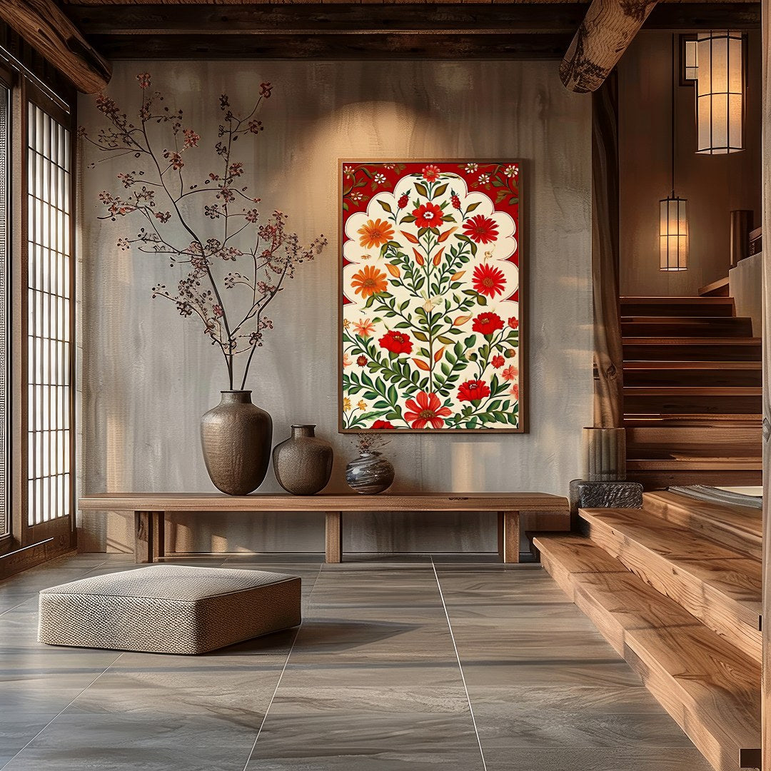 This exquisite artwork features a lush array of vibrant flowers cascading against a warm crimson for Hall