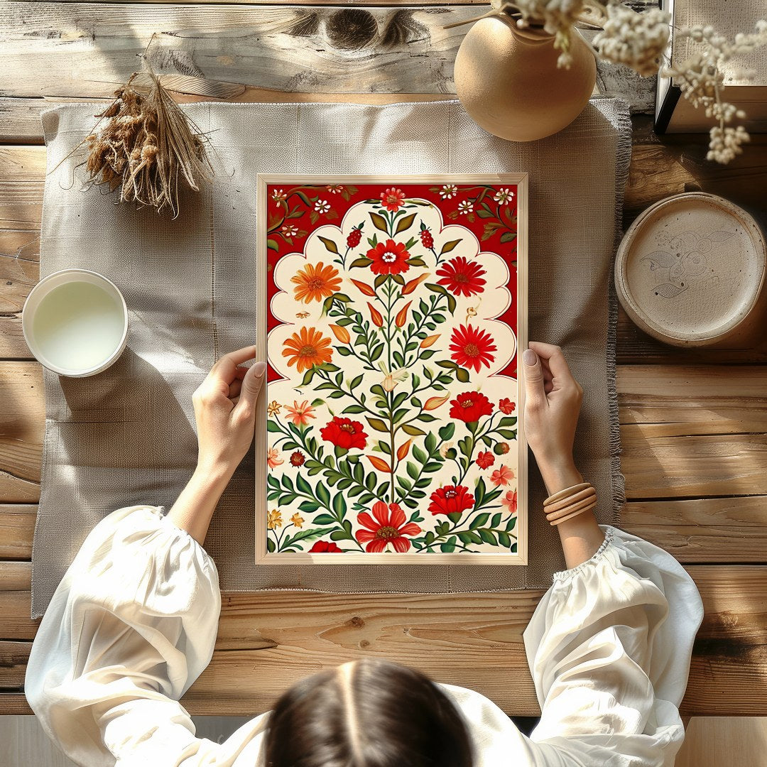 This exquisite artwork features a lush array of vibrant flowers cascading against a warm crimson for Kitchen