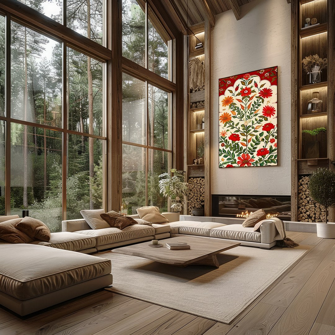 This exquisite artwork features a lush array of vibrant flowers cascading against a warm crimson for Living Room