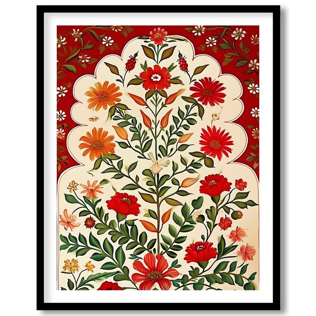 This exquisite artwork features a lush array of vibrant flowers cascading against a warm crimson for studio