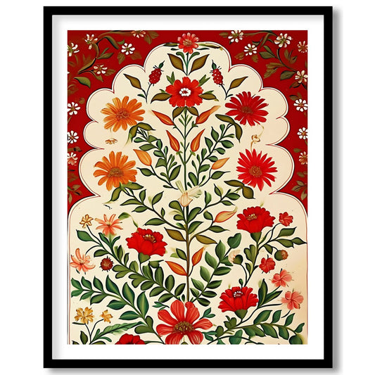 This exquisite artwork features a lush array of vibrant flowers cascading against a warm crimson for studio