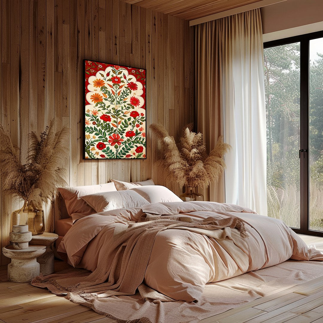 Captivate your space with this vibrant floral artwork, where red blooms dance elegantly against a for Bedroom