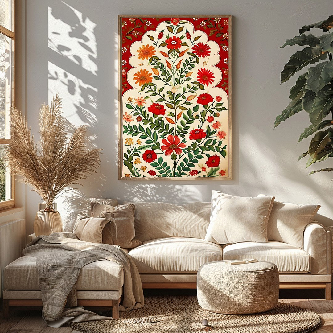 Captivate your space with this vibrant floral artwork, where red blooms dance elegantly against a for Sitting Area