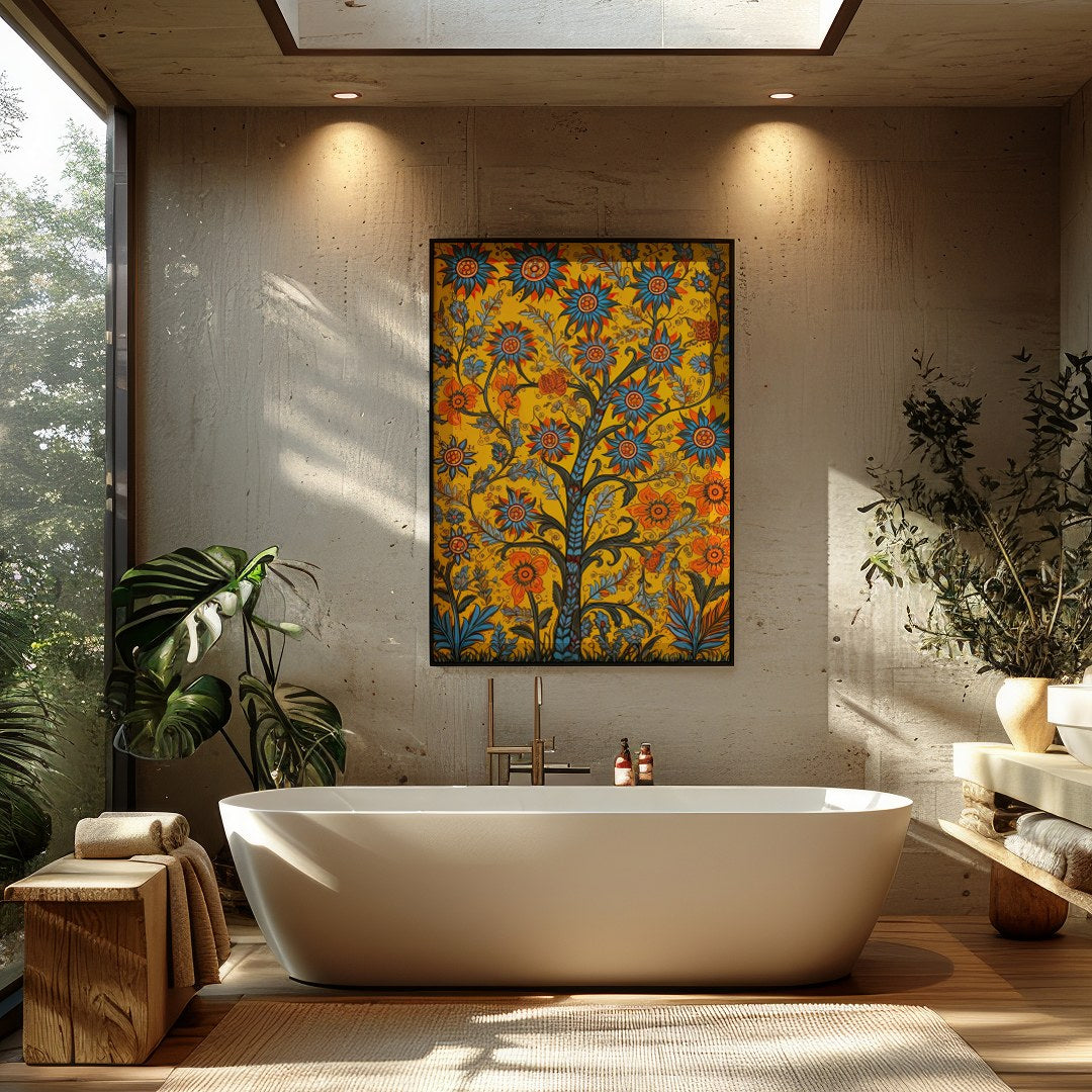 This vibrant artwork features a lively interpretation of blooming flowers, set against a rich for Bathroom