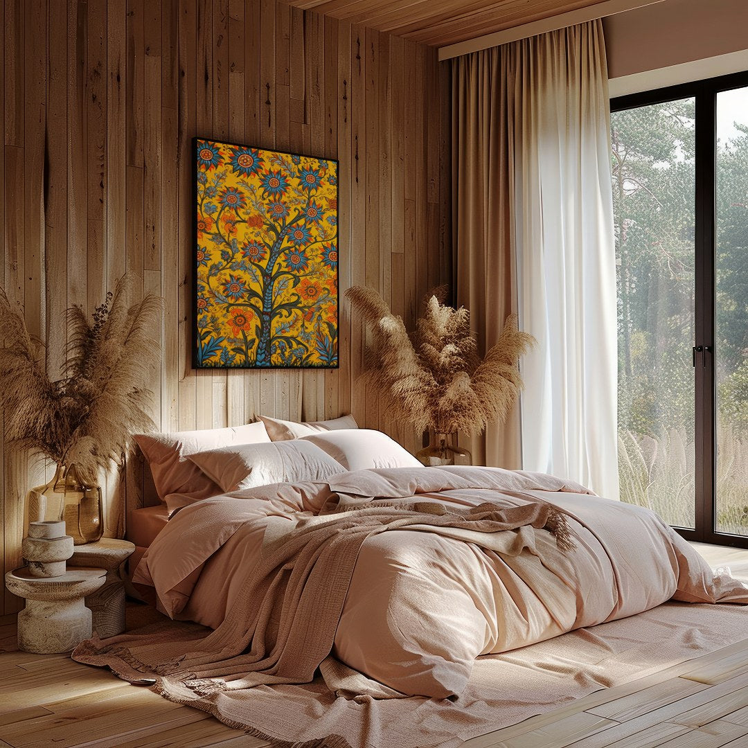 This vibrant artwork features a lively interpretation of blooming flowers, set against a rich for Bedroom