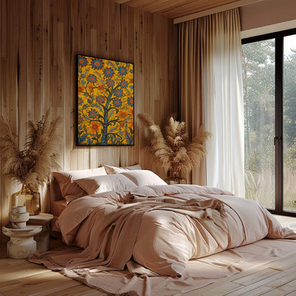 This vibrant artwork features a lively interpretation of blooming flowers, set against a rich for Bedroom