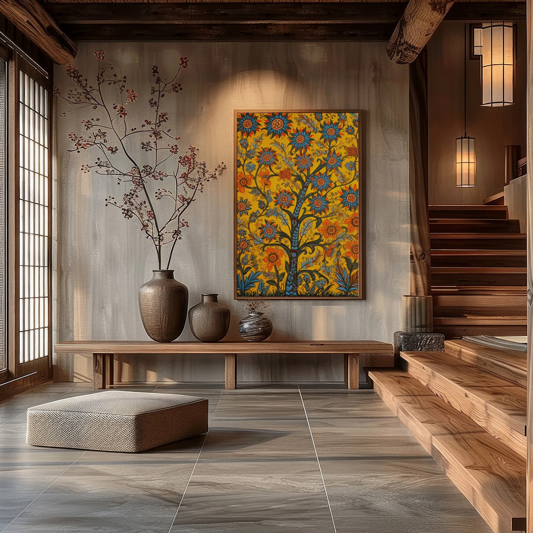 This vibrant artwork features a lively interpretation of blooming flowers, set against a rich for Hall