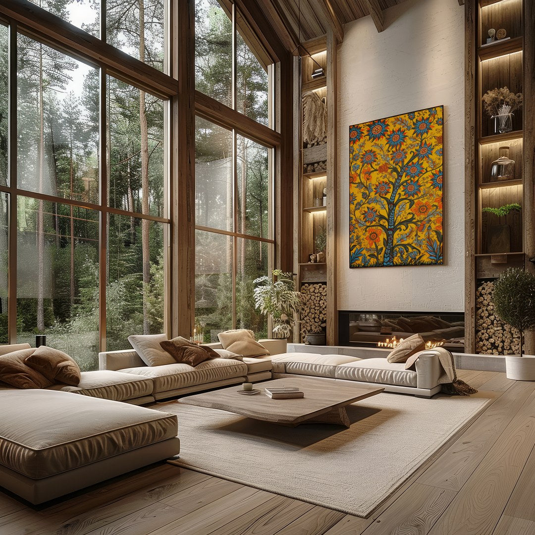 This vibrant artwork features a lively interpretation of blooming flowers, set against a rich for Living Room