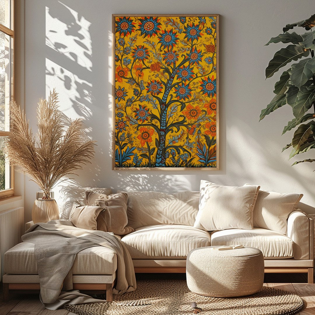 This vibrant artwork features a lively interpretation of blooming flowers, set against a rich for Sitting Area