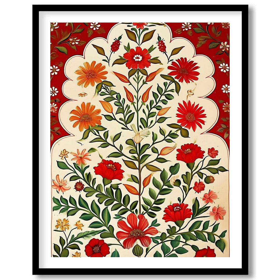 Enhance your space with this captivating floral artwork, featuring vibrant red and orange blooms on for abode