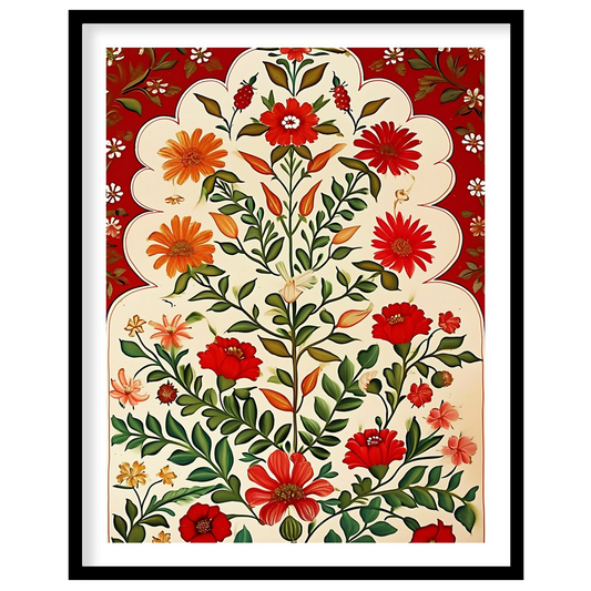 Enhance your space with this captivating floral artwork, featuring vibrant red and orange blooms on for abode